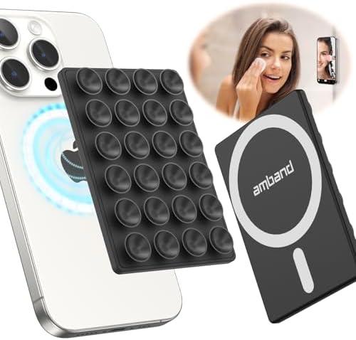 amBand Magnetic Suction Octo Cup Buddy Phone Case Mount Stocking Stuffers for Men Women, Silicone Sticky Grip with Adapter Ring for MagSafe Fits iPhone, Hands-Free Video/Selfie Portable Holder - Black