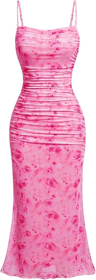 GORGLITTER Women's Floral Wedding Guest Bridal Shower Summer Midi Dresses | Tea Party, Baby Shower, Cocktail Dress, Ruched, Dresses for Women, Sundresses (Pink, M)