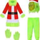 Green Furry Big Monster Costume for Kids 6Pcs with Mask, Gloves, Boys More for Kids Christmas Costume Party
 Size M
