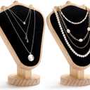 Sureio 2 Pcs Vintage Velvet Necklace Display Stand 8.3 x 5.5 x 3.35 Inches Mannequin Velvet Jewelry Necklace Holder Elegant Decor for Wedding Jewelry Selling Trade Shows (Black, Wood Color)