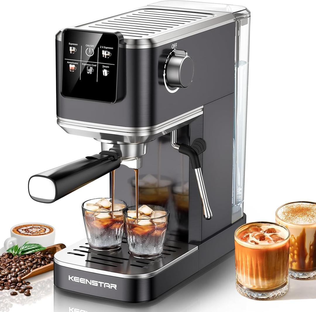 KEENSTAR 20Bar Espresso Machine with Rapid Cold Brew, Hot & Iced Coffee Machine, Espresso Maker with Milk Frother Steam Wand, Touch Screen with 40oz Water Tank for Latte, Cappuccino, Gift (Black)
