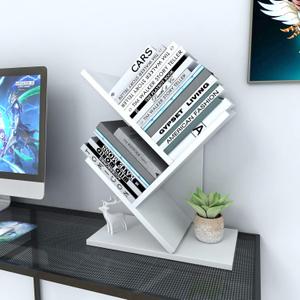 Godferyxin Tree Bookshelf, 3-Tier Small Bookcase for Desk – Wood Small Bookshelf with Storage Shelves, Mini Bookcase for Bedroom, Office, White Bookshelf, CDs, Magazines Desktop Book Tree