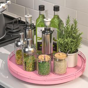 13" Oak Wood Lazy Susan Organizer, Lazy Susan for Cabinet Dining Table Pantry Wood Turntable Organizer Tray for Coffee Table Kitchen Countertop Spinning Spice Can Organization and Storage Round Pink