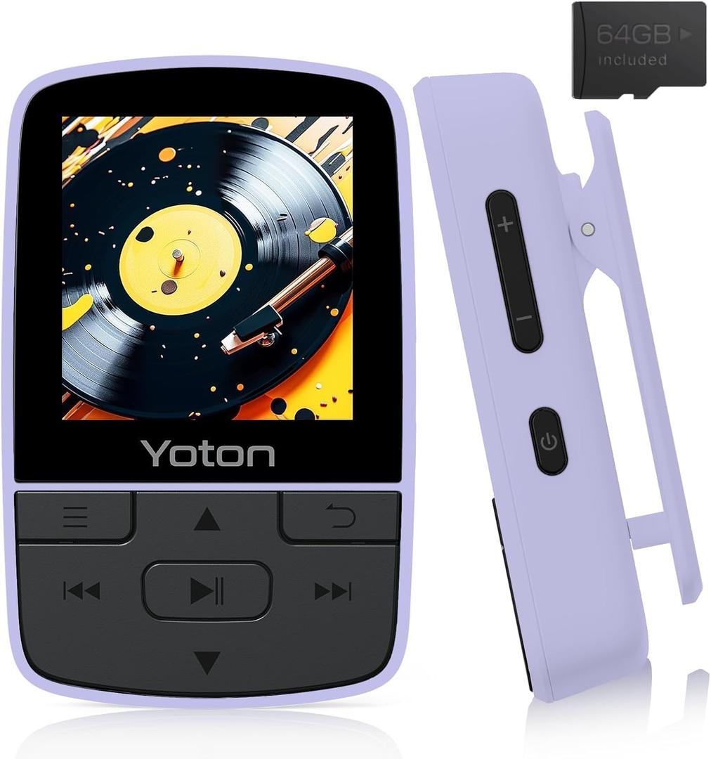 Yoton MP3 Player with Bluetooth 5.2, 64GB Storage, Mini Size, HiFi Music, with Sports Clip, Independent Volume Control, FM Radio, Includes Headphones (Purple)