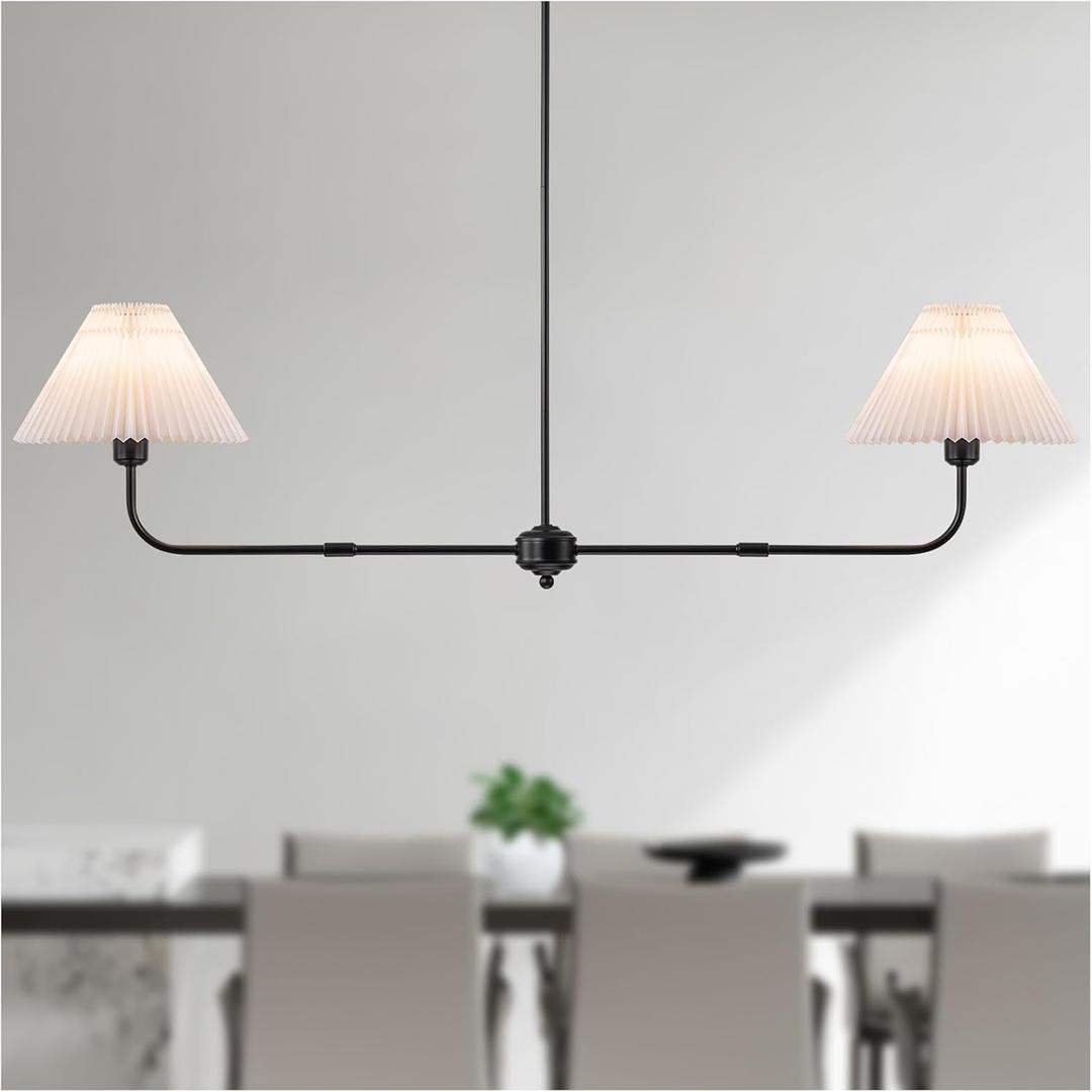 Modern Linear Chandelier, 2-Light Dining Room Light Fixture with White Fabric Shade Kitchen Island Lighting Fixture for Over Table, Living Room, Bedroom (Black)