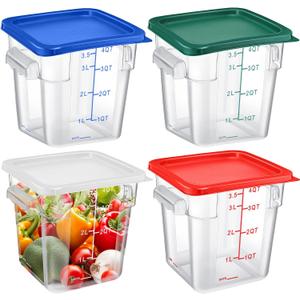 Maxcheck 4 Pcs 4qt Food Storage Container with Lids Bulk Clear Commercial Food Storage Bins with Scale Handle Space Saving Restaurant Tubs for Kitchen Prep Proof Dough Marinating Meat(Multicolor)