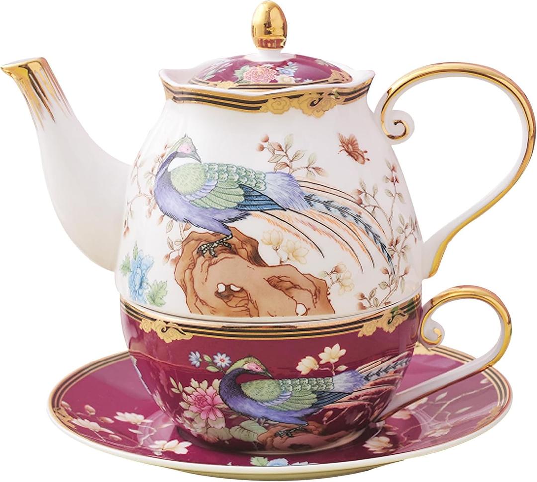 ACMLIFE Bone China Tea Set For One Teapot And Cup Set, Vintage Floral Tea Cup Set With Teapot and Saucer Set 12 Oz Bone China Teapot For One Set Red And White Gift Giving For Women (Fuchsia)