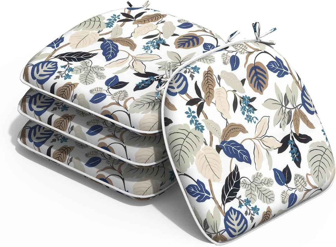 Outdoor Chair Cushions Set of 4, Water Resistant Patio Chair Pads with Ties, Seat Cushions for Home Garden Furniture Decoration, 16"x17",Breeze Leaves Beige