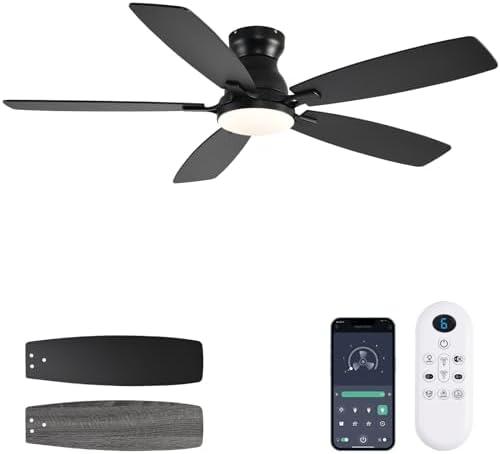 JSAITEE Ceiling Fans with Lights, 52 Inch Low Profile Ceiling Fan with Light and Remote Control, Flush Mount, DC Reversible Motor, Noiseless, Black 6 Speeds Ceiling Fan for Bedroom