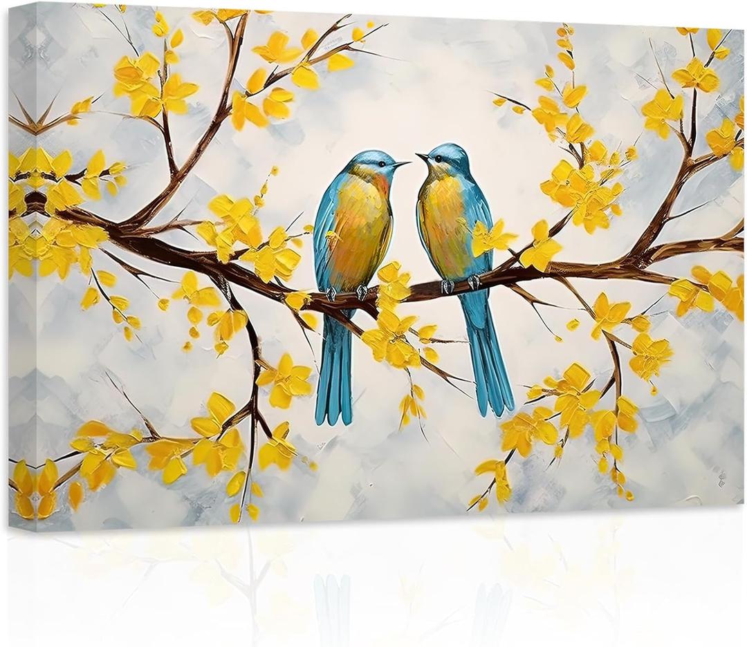 ZXHYWYM Love Birds Canvas Wall Art Two Couple Birds on Branch Yellow Flower Tree Painting Prints Romantic Pictures Home Decor for Bedroom Framed(1, (24.00" x 36.00")), 24L" x 36W"