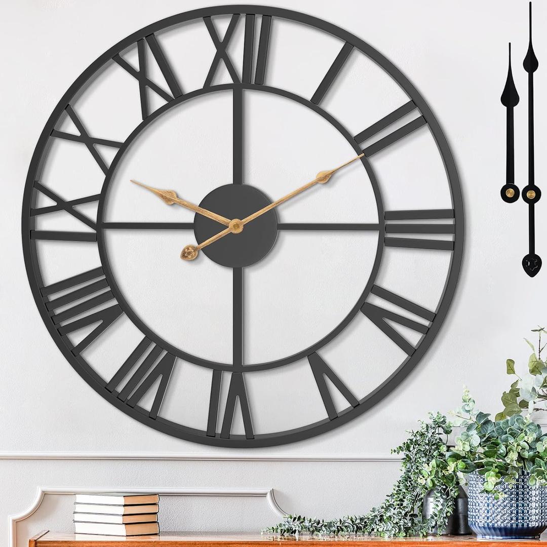 20 Inch Large Wall Clock, Modern Decorative Black Metal Silent Battery Operated Big Roman Numeral Wall Clock for Living Room, Bedroom, Kitchen, Office, Farmhouse, Housewarming Gift