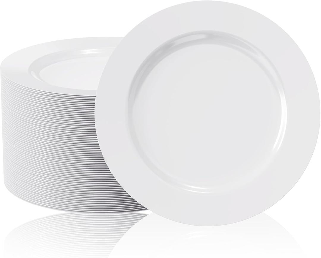 FOCUSLINE 100 Count White Plastic Plates 10 Inch, Disposable Heavy Duty Dinner Plates- Premium Hard Plastic Plate Fancy Disposable White Plate for Weddings, Parties and Events (10 Inch White Plates)