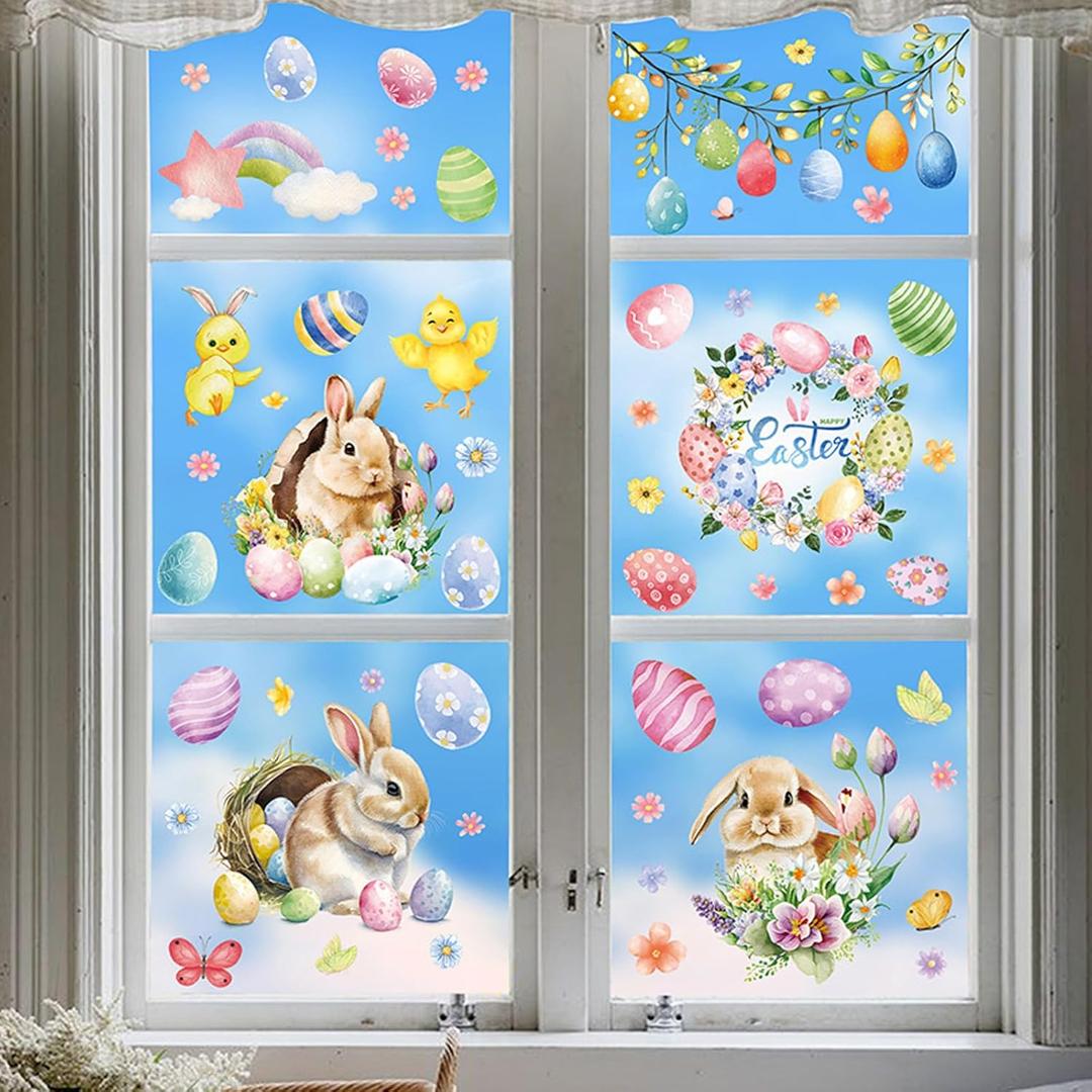 4 x Easter Window Clings Decorations - 9 Sheets Double-Sided Reusable Bunny Egg Flower Stickers, Anti-Collision Spring Decor for Glass, Mirror, Tile - Perfect for Home, Office & Classroom