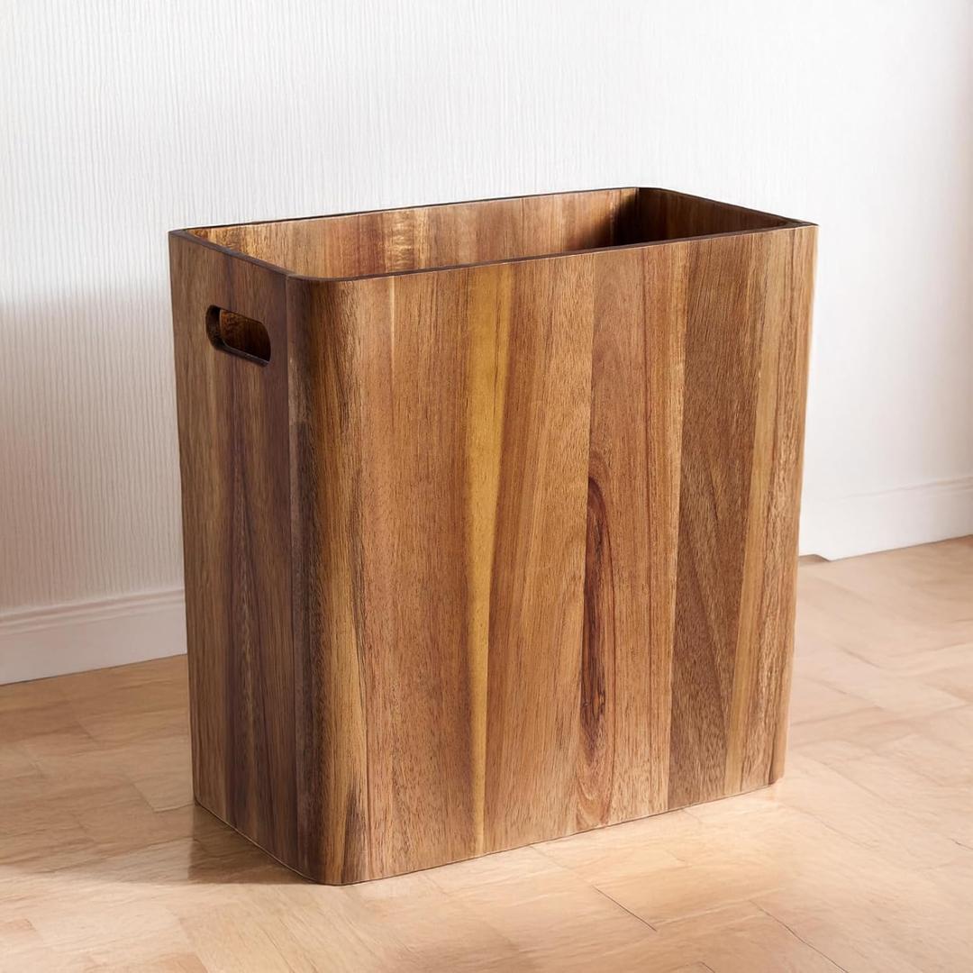 LiTY 3 Gallons Wooden Wastebaskets, Solid Acacia Wood Waste Basket with Handles, Rectangular Trash Can, Garbage Bin for Bedroom, Bathroom, Kitchen, Living Room, Office Decorative (11.4"L x 5.9"W x 11.8"H)