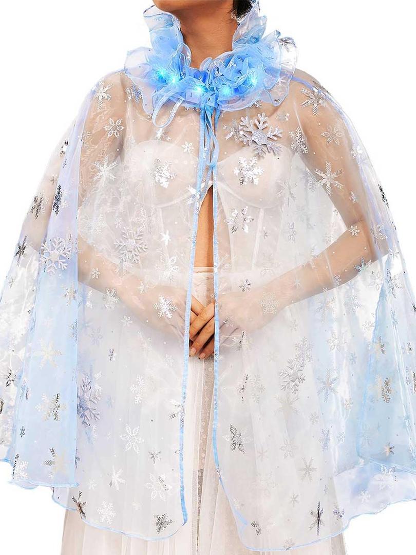 JAKAWIN Light Up Christmas Snowflake Cape Blue Fairy Princess Cloak Costume Capes for Women