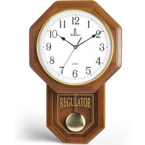 Pendulum Wall Clock Battery Operated - 18x11 Real Wood Regulator Clock - Schoolhouse Design with Pendulum - Quiet, Non-Chiming - Wooden Wall Decor for Living Room Decor, Home, Office and Gift