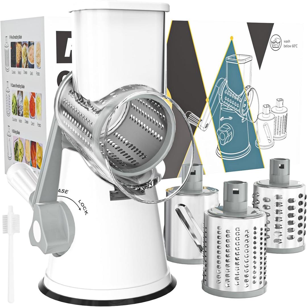 Cambom Rotary Cheese Grater Hand Crank Cheese Shredder for Fresh Cheese, Vegetable, Nuts,Non-slip Suction Base, Free Cleaning Brush Three Blades, White (3 BLADES)