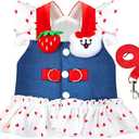 Small Dog Harness and Leash Set Denim Cat Harness Dress for Puppy Clothes for Girls Pink Dog Birthday Dress French Bulldog Harness with Strawberry Bear Decoration, Small