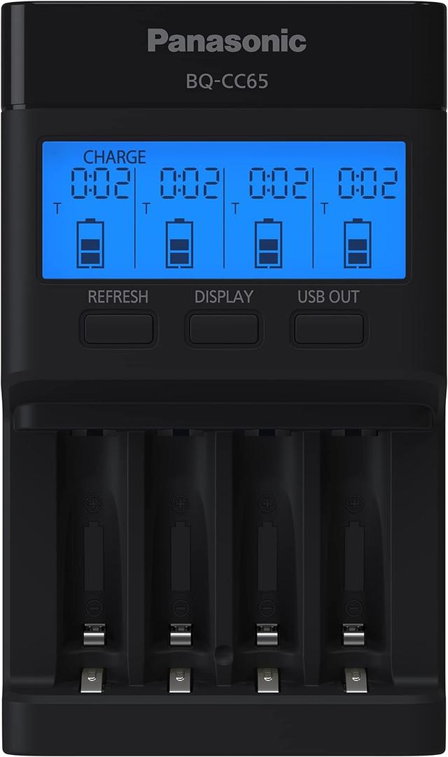 Panasonic BQ-CC65AKBBA Super Advanced eneloop pro and eneloop 4-Position Quick Charger with LCD Indicator Panel and USB Charging Port, Black ((Pack of 1))