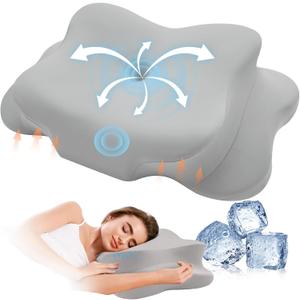 Cervical Pillow for Neck Pain Relief, Cooling Contour Memory Foam Pillows Support Odorless Ergonomic Neck Pillow Adjustable Orthopedic Bed Pillow for Side Back Stomach Sleeper with Pillowcase, Grey