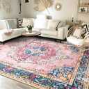 8x10 Area Rugs for Living Room Pink Boho Rug Vintage Rug Non-Slip Washable Low Pile Foldable Large Rugs for Bedroom Dining Room Indoor Floor Carpet