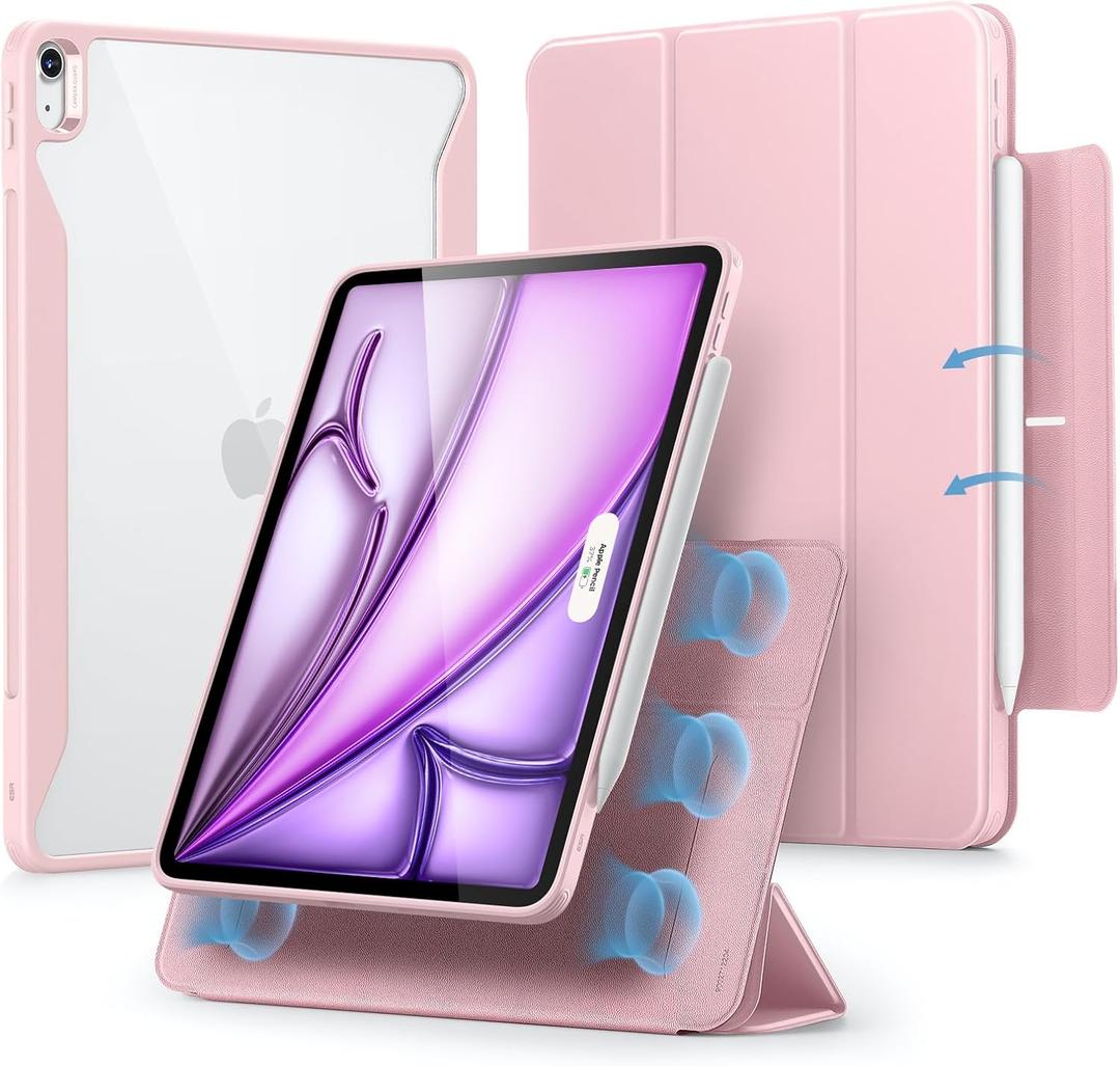 ESR for iPad Air 13 Inch Case M4/M3/M2 (2026/2025/2024) with Pencil Holder, Removable Magnetic Cover, Vertical Stand, Fully Supports Pencil Pro and Pencil(USB-C), Rebound 360 Series, Pink