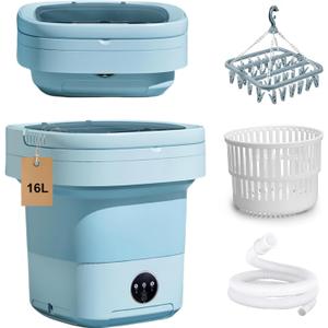 Portable Washing Machine 16L Foldable Mini Washer with Drying Rack,Spin Basket,Top Fill Port,Water Inlet Hose&Drainage PipeCompact Collapsible Laundry Set for Small Clothes,Apartments,Dorms,Travel&RV
