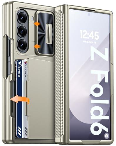Vizvera for Samsung Galaxy Z Fold 6 Case RFID Wallet with Cards Holder [Hinge Cover] [Camera Cover] Shockproof Silicone Protective Phone Case for Z Fold 6 2024-Natural Titanium