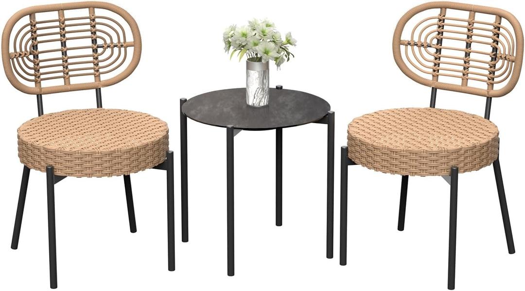 GarveeLife 3 Piece Wicker Patio Bistro Furniture Set, Outdoor Dining Chairs, Includes 2 Rattan Chairs and Tempered Glass Table, for Garden, Backyard, Balcony, Apartment, Black & Brown