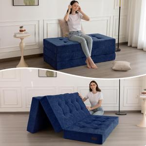 MAXYOYO 6" Folding Sofa Bed for Floor, Tufted Tri-Fold Floor Mattress with Chenille Fabric, Full Size Portable Sofa Couch Guest Mat for Adults, Foldable Topper for Camping, Navy, 53"x75"