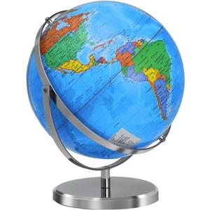 World Globe with Stainless Steel Stand 13 inch, 720 Rotating & HD Waterproof Material, Teaching/Geographic/Decorative Globes with Clear Text for Elementary, Classroom, Home, School, Office (Blue)