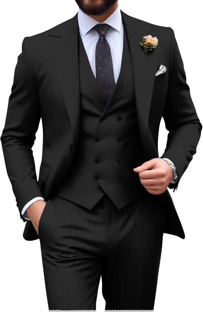 Mens Suit Slim Fit 3 Piece Double Breasted Suit Men Formal Tuxedo Set Casual Wedding Prom Groom Suits, XL