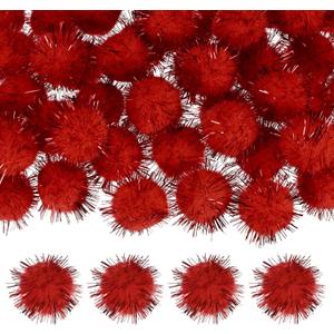 60-Pack Glitter Pom Pom Balls, 1 in/2.5 cm Mini Tinsel Sparkle Balls for Arts/DIY Crafts/Party Decoration/Christmas/Cat, Soft Assorted Puff Ball [Bright Red]
