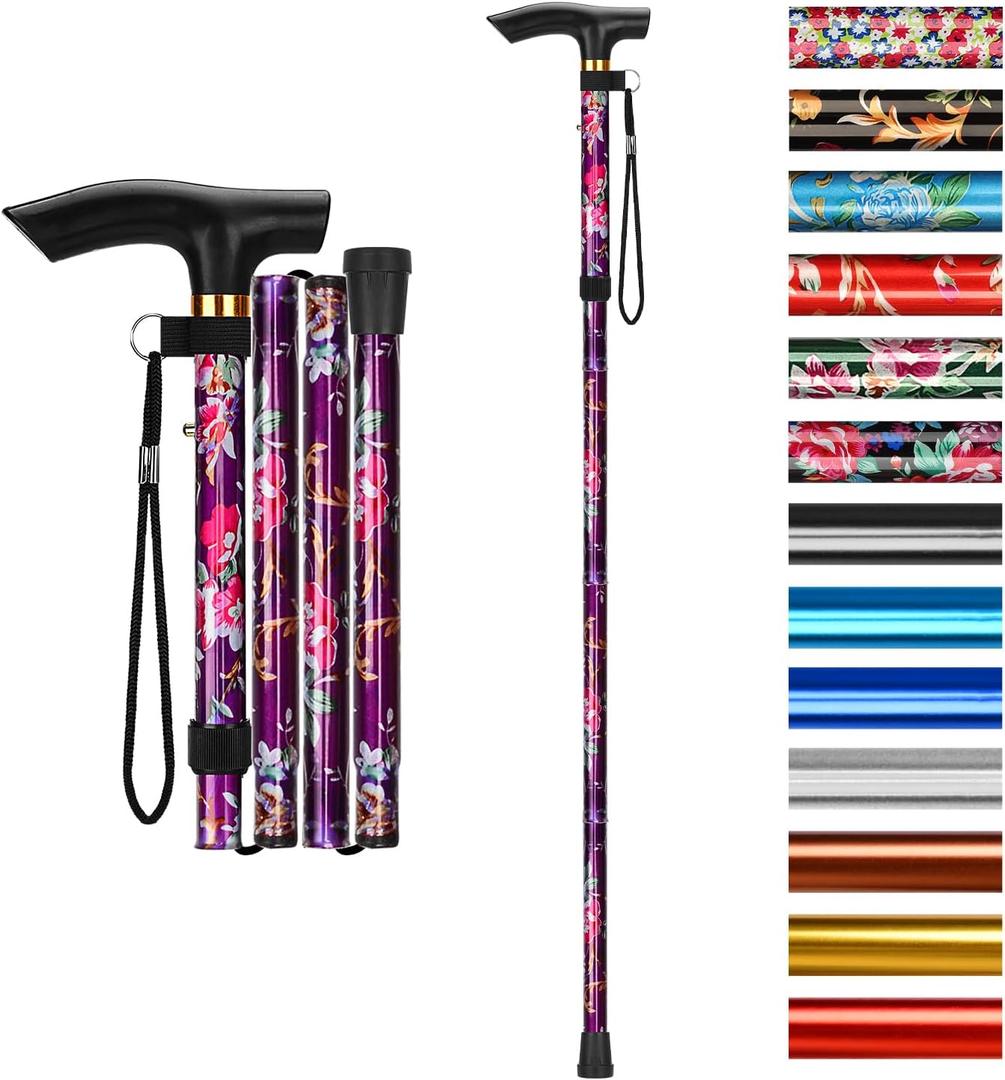 supregear Folding Cane, 5-Level Adjustable Height Walking Stick Lightweight Collapsible Portable Travel Cane with Wrist Strap and T Handle for Elderly Disabled Men Women (Purple Floral)