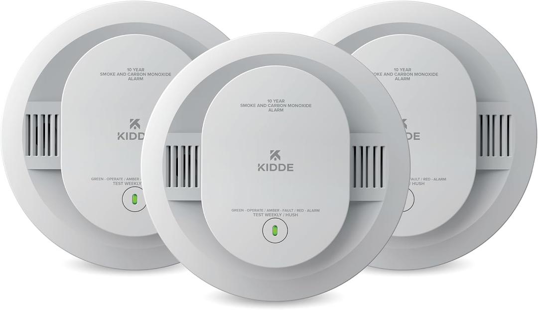 Kidde Smoke and Carbon Monoxide Detector, 10-Year Battery Powered, with Voice Alerts, LED Status Lights, 85 dB Alarm, 5 inches, 30CUD10-V, 3 Pack MFD: 02-02-2026