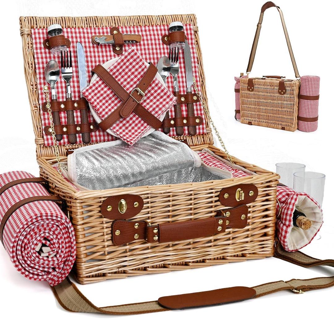 Picnic Basket with Blanket and Wine Pouch for 2, Wicker Picnic Set with Insulated Liner Cooler Bag Hamper for Camping,Wedding - Red Gingham