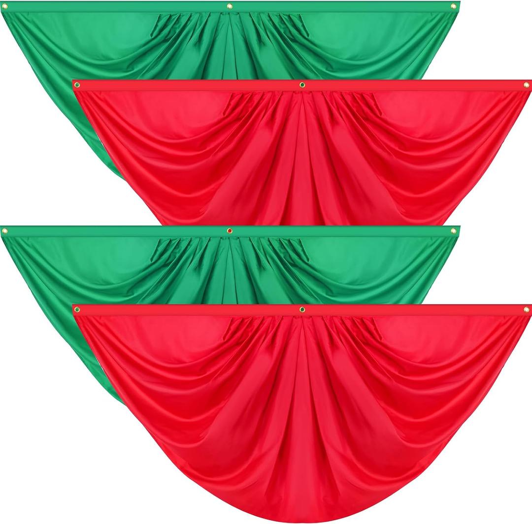 Peryiter 4 Pcs Red Green Pure Pleated Fan Flag Bunting 3 x 6 ft Red Green Bunting Half Fan Hanging Banner with 3 Grommet for Summer Indoor Outdoor Holiday Yard Xmas Mother's Day Wedding Decoration
