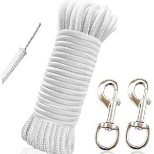 RUSON 50 Feet 5/16 Inch Wire Center Flag Pole Rope and Clips Kit, White Braided Polyester Halyard Steel Center Flag Rope with 2 Pcs 3.5" Flag Swivel Snap Hooks