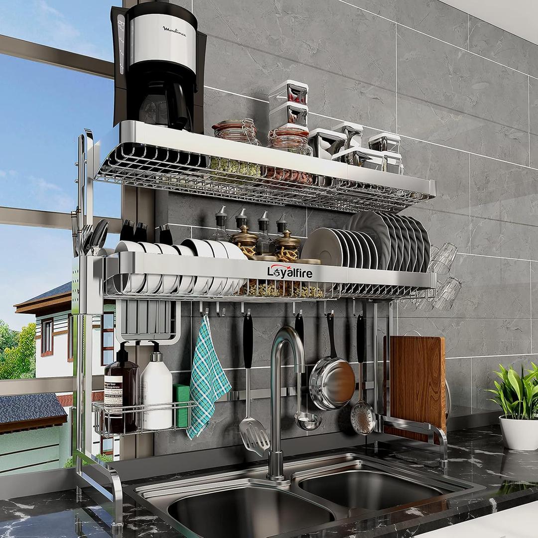 Over Sink Dish Drying Rack, 3 Tier Adjustable Length (20.87'' to 37.6'') Full Stainless Steel Large Storage Kitchen Dish Rack, Expandable Drainer Shelf Rack with Multifunctional Organizers (Silver)