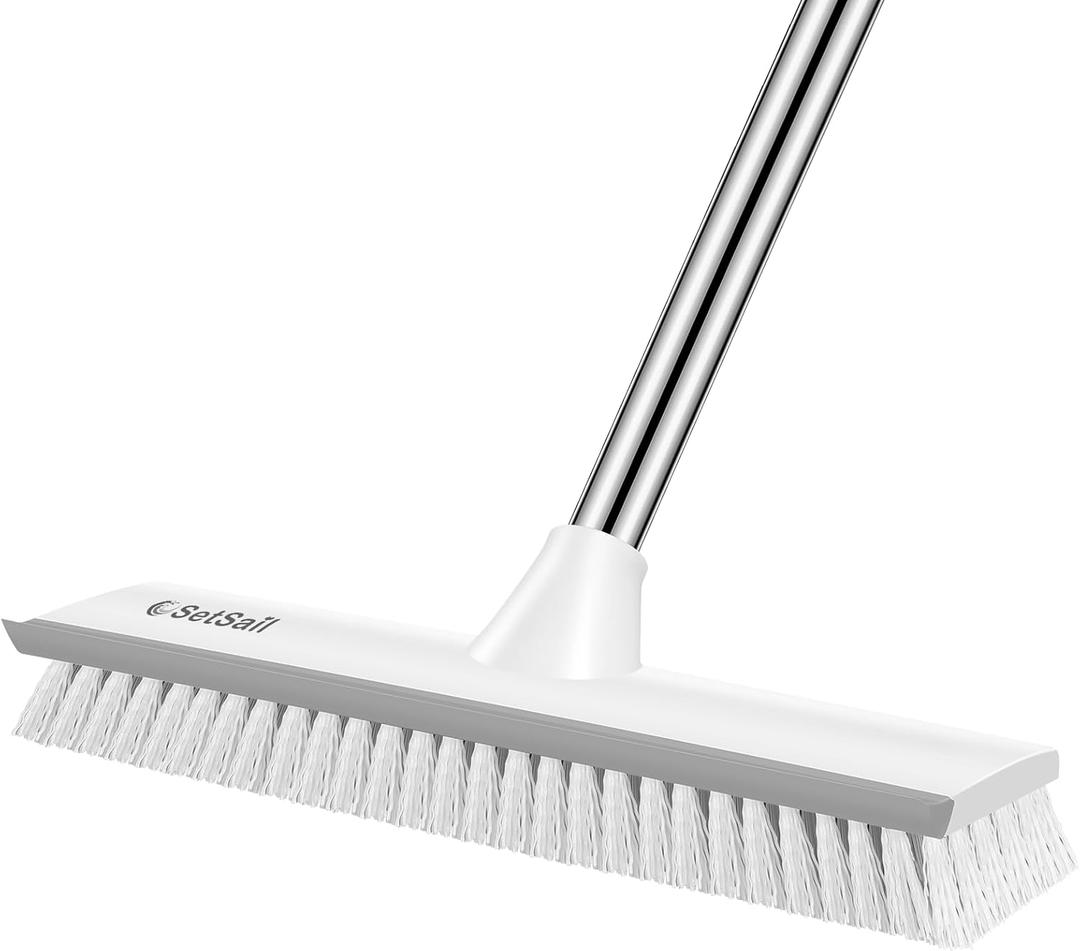 SetSail Upgraded Large 12 in Wide Floor Scrub Brush with 51-Inch Long Adjustable Handle 2 in 1 Scrape Brush Stiff Bristle Floor Scrubber for Cleaning Shower Bathroom Garage Kitchen Wall Deck Tub Tile (Grey White-large-1 Pack)