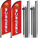 2 Set 7ft Burgers Restaurant Feather Flag Banner Advertising Swooper Flag with Pole Kit and Ground Stake for Burger Restaurant Business Outdoor Decor Events Promotion