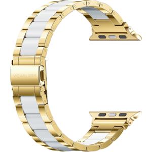 Wearlizer Compatible with Apple Watch Band 49/46/45/44/42mm Fashion Wristbands Womens, Stainless Steel+Resin Metal Replacement for iWatch Series 11 10 9 8 7 6 5 4 3 SE/Ultra 3 2 1-Gold+White