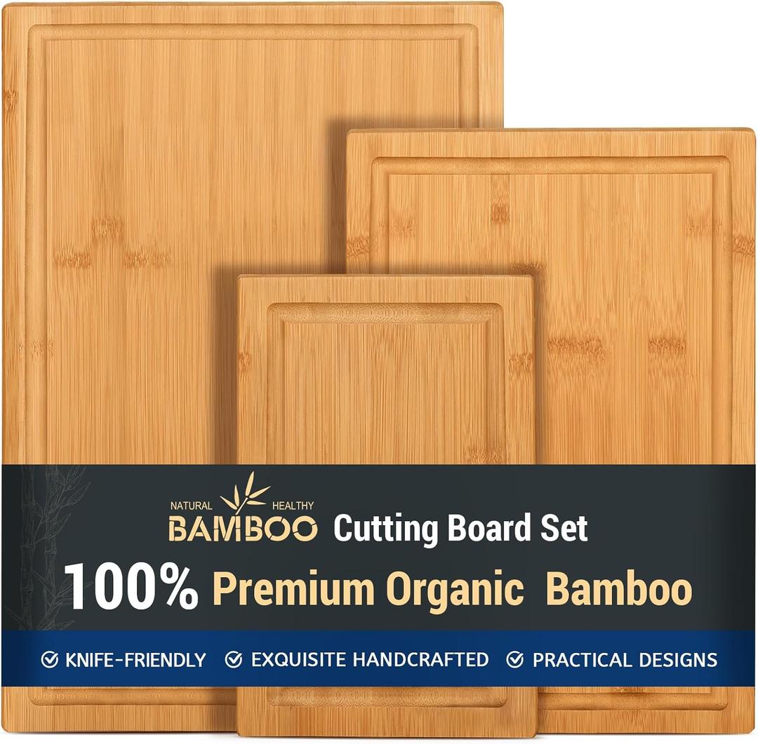 Hiware 3-piece Bamboo Cutting Boards for Kitchen, Heavy Duty Bamboo Cutting Board with Juice Groove, Wood Cutting Board Set for Meat, Vegetables, large (15" x 10"), medium (12" x 8"), and small (9" x 6")