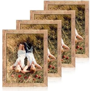 iRahmen 8.5x11 Picture Frame Set of 4, High Definition Real Glass Rustic Brown Frame, Wood Photo Frames 8.5 by 11 Diploma Document for Wall Hanging and Tabletop Display