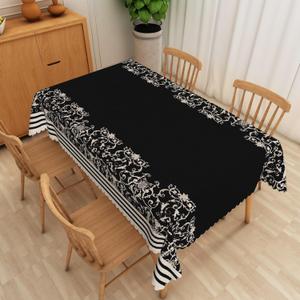 Boho Floral Linen Tablecloth Abstract Beige Black Damask Flower Pattern Rectangle Table Cloth for Modern Vintage Dining Room Kitchen Parties Weddings Birthday Decor, 60x102 inches