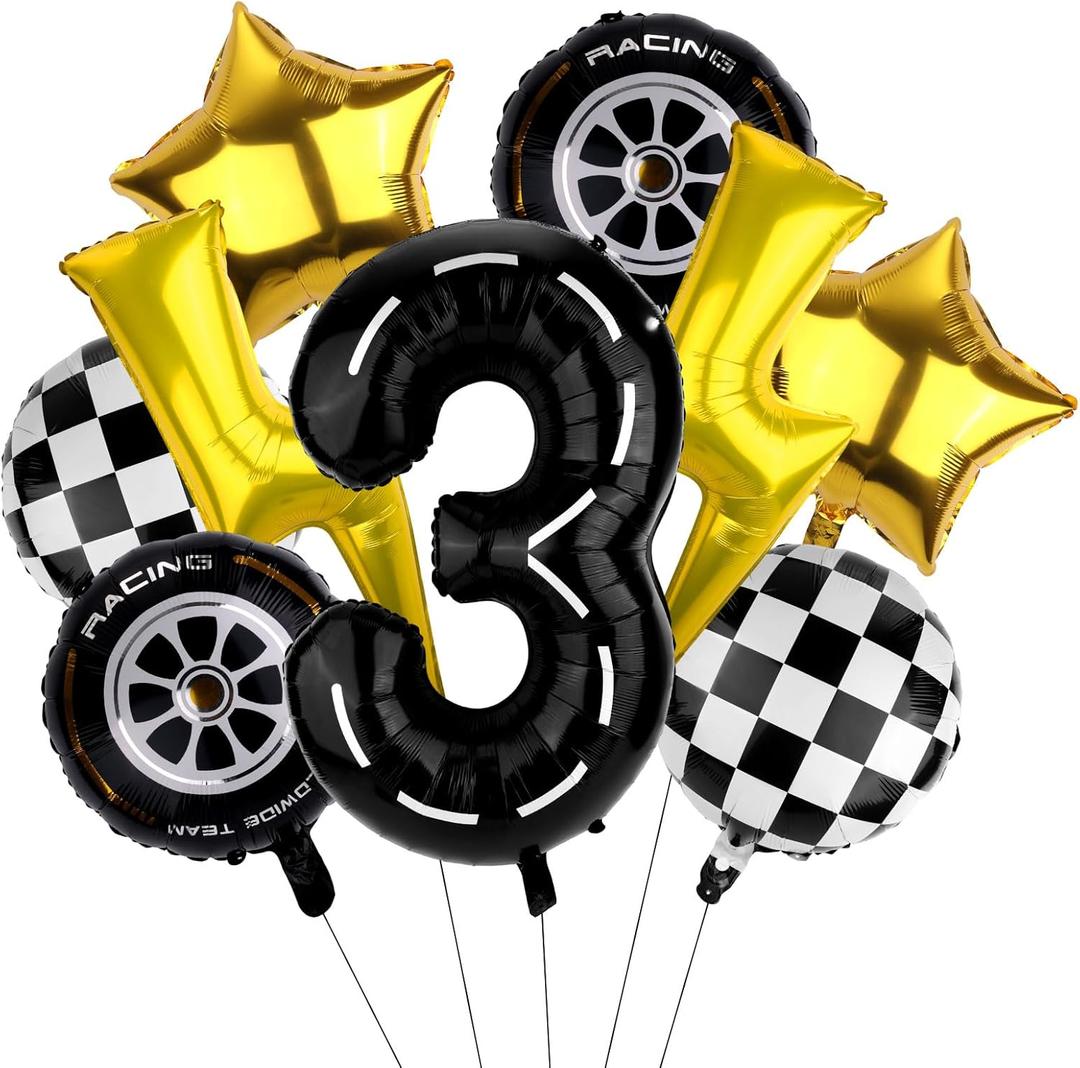 Race Car Birthday Balloons, Number 3 Tyre Checker Balloons Race Car Birthday Party Decoration for 3 Years Old Party