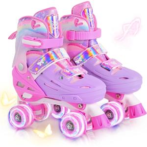 2PM SPORTS Roller Skates for Girls Boys Kids Age 4-6 5-8 6-12 8-12 with Light Up Wheels, Adjustable Youth Rollerskates Size 10C 11C 12C 13C 1 2 3 4 5 6 (Medium - Big Kid, Rose Red)