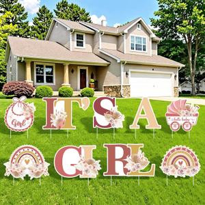 Its A Girl Yard Sign with Stakes Boho Baby Shower Decorations Yard Signs for Baby Girls Pink Flowers Rainbow It's A Girl Birthday Signs for Gender Reveal Outdoor Garden Lawn Party Supplies Decor