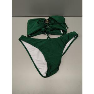 ZAFUL Womens Bandeau Bikini Set Metallic Sparkly O Ring Lace Up Tie Side High Cut Tanga Sexy Bathing Suit Swimwear (Large, A-deep Green)