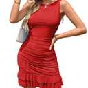 Vidifid Women's Bodycon Boat Neck Mini Dresses Sexy Sleeveless Ruched Ruffle Hem Club Party Little Short Dress Red Large